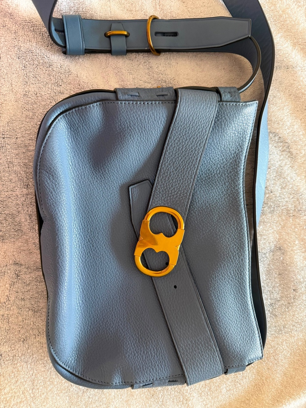 Tory Burch Slate Blue Pebbled Leather Crossbody with Gold Hardware